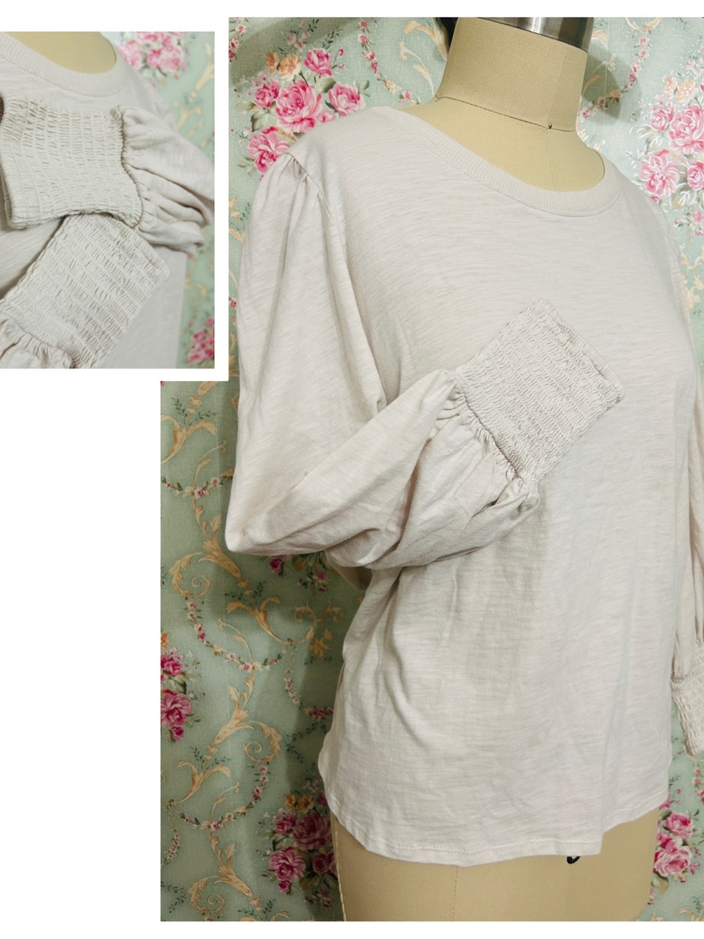 NWT smocked cuff 100% cotton long soft pink tan sleeve vintage t-shirt size sz L